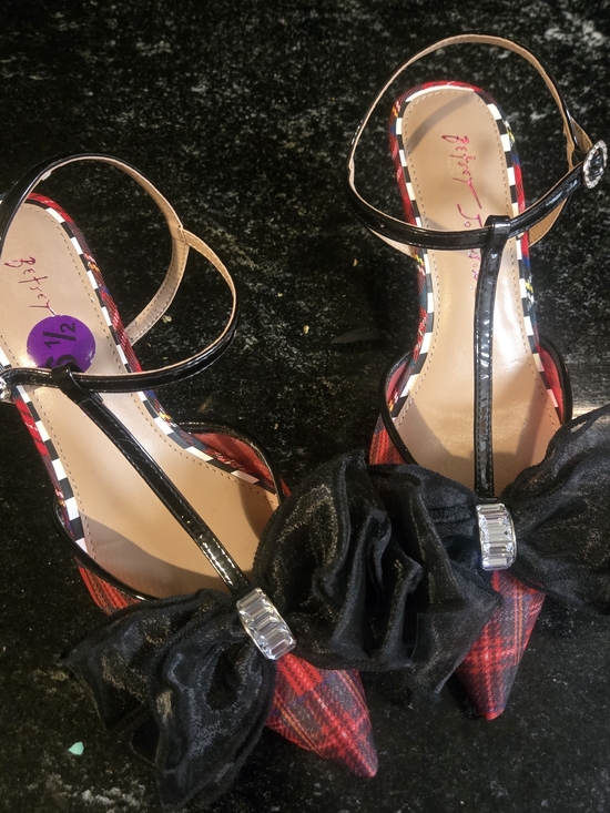 Betsey Johnson Shoes - Betsey Johnson Black Patent T-Strap Pointed Heel with Red Plaid Toe